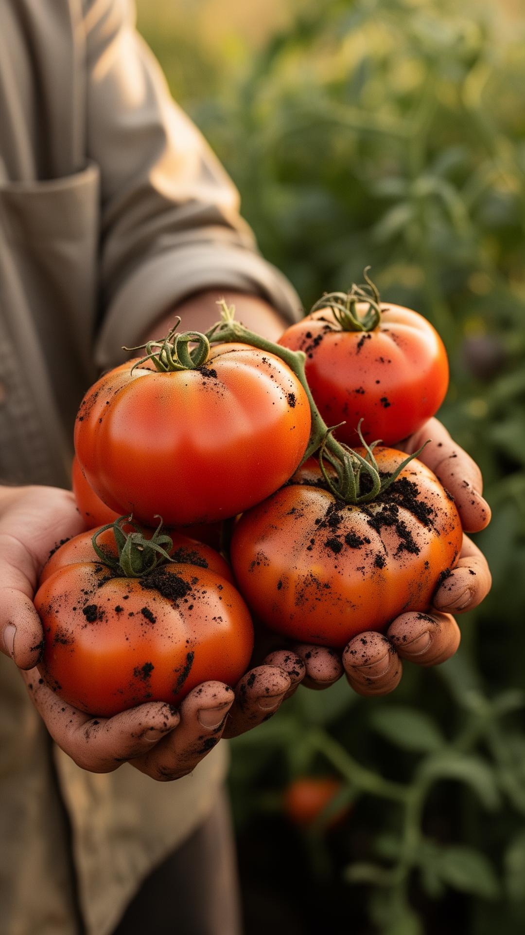 Farmer hands holding freshly harvested tomatoes