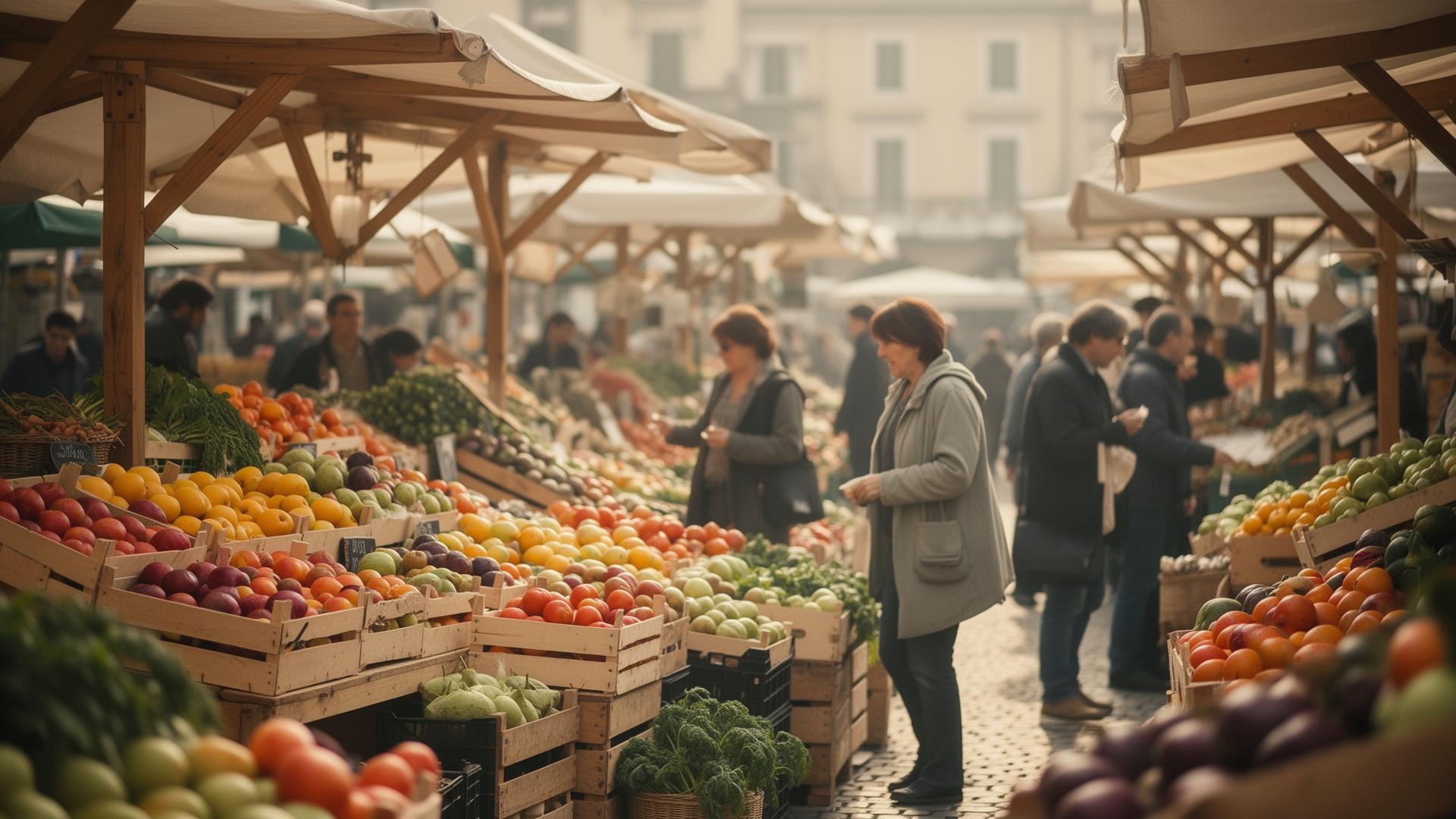 A bustling outdoor farmers market